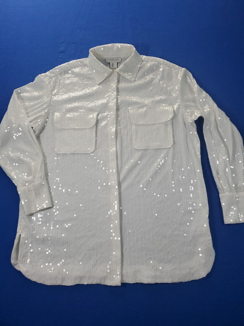 Rachel Zoe Women’s Sequins White Button Up Shirt Size S Long Sleeves